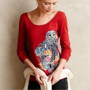 Anthropologie owl shirt, red, size XL